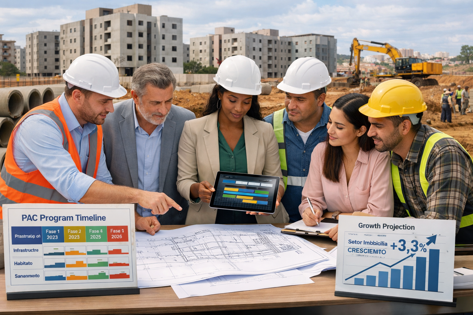 () professional scene showing diverse group of real estate developers, urban planners, and construction professionals