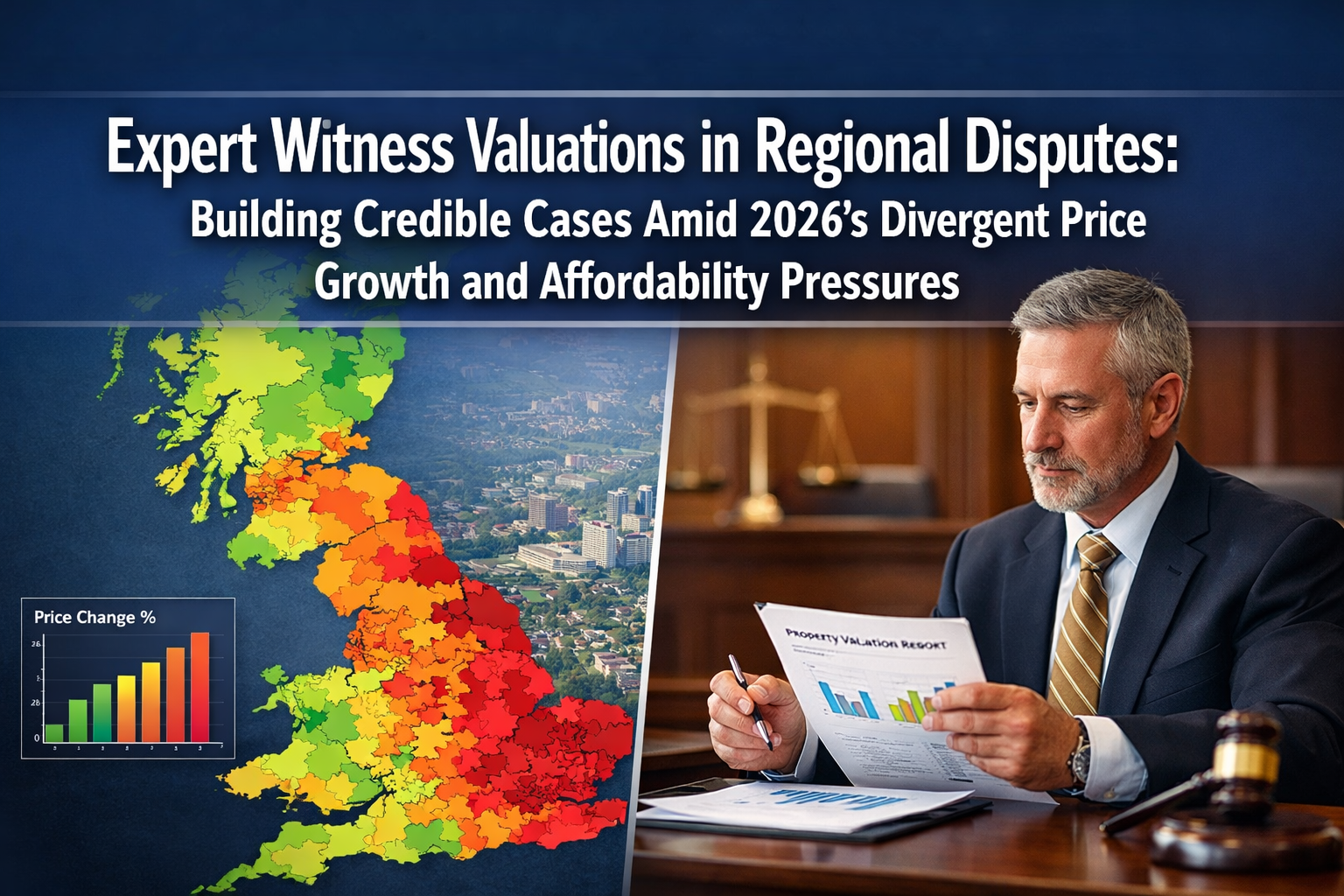 Professional landscape format (1536x1024) hero image featuring bold text overlay 'Expert Witness Valuations in Regional Disputes: Building C