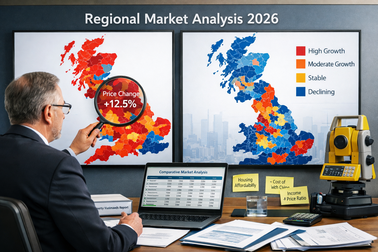 Detailed landscape format (1536x1024) image showing professional expert witness surveyor analyzing regional property market data in modern o