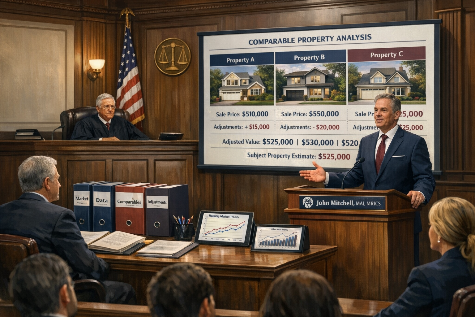 Detailed landscape format (1536x1024) courtroom scene illustration showing expert witness presenting property valuation evidence to judge an