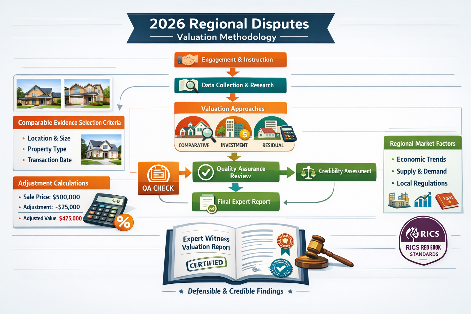 Detailed landscape format (1536x1024) infographic-style image illustrating comprehensive valuation methodology framework for 2026 regional d