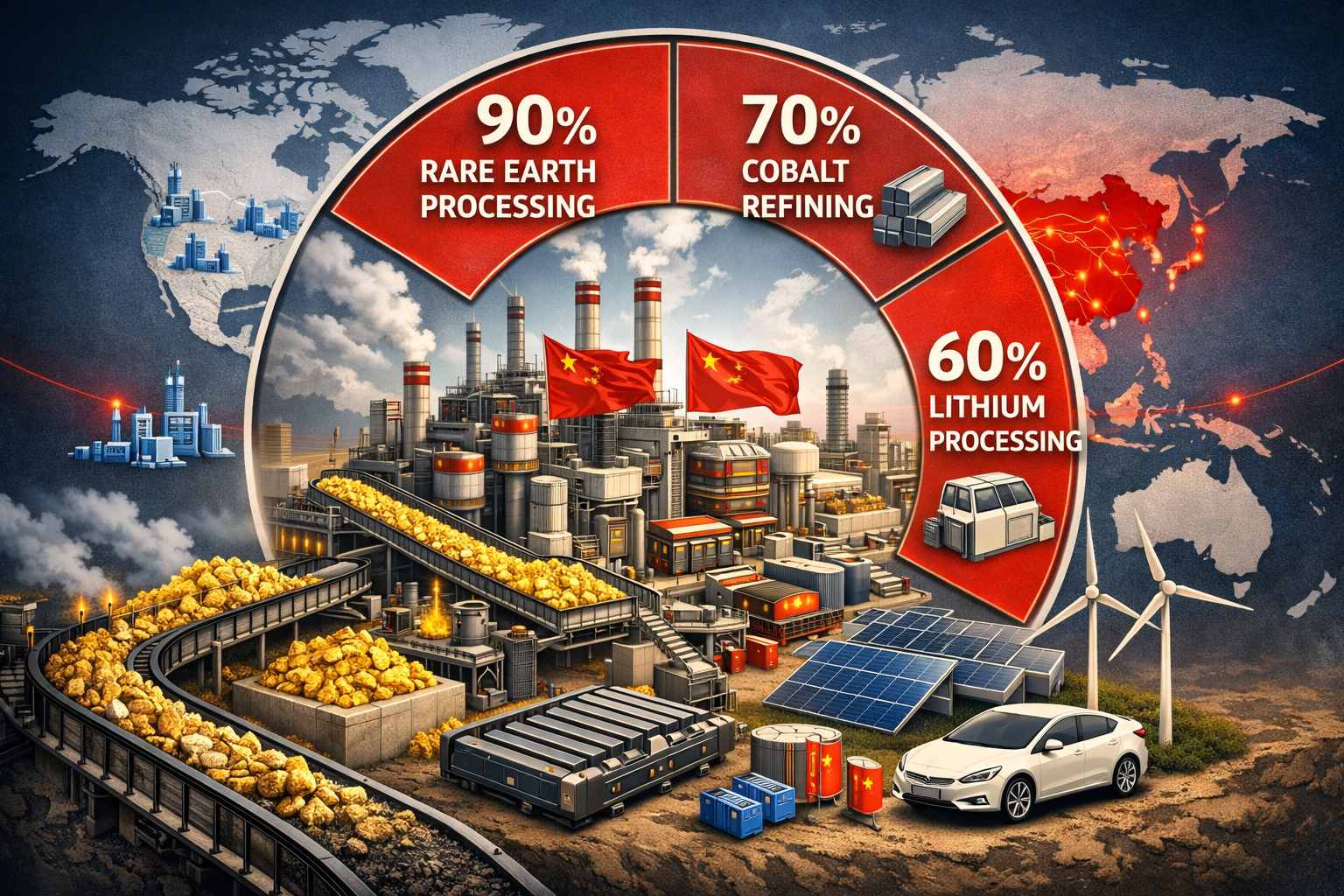 Detailed landscape format (1536x1024) editorial image showing China's dominance in rare earth processing with visual data representation. Ce