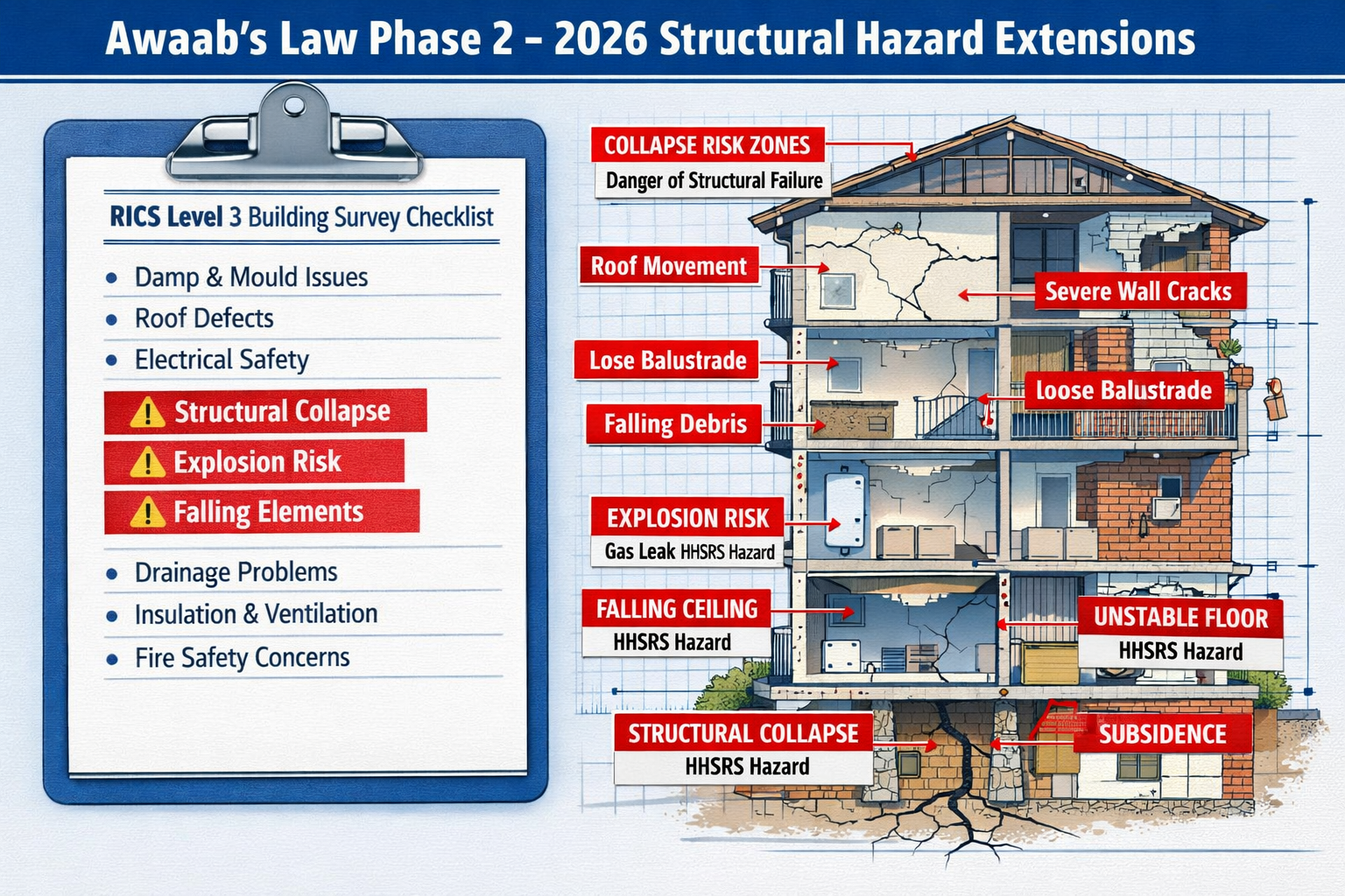 Detailed () infographic-style illustration showing a split-scene: left side depicts a RICS Level 3 building survey checklist