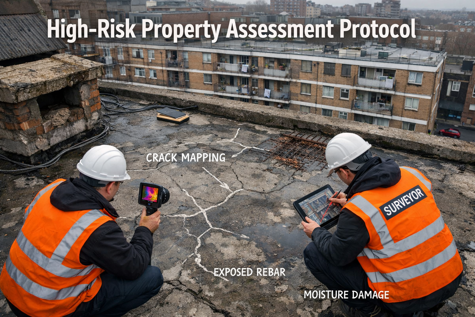 () showing an overhead bird's-eye perspective of a surveyor team conducting a high-risk property assessment on a flat roof