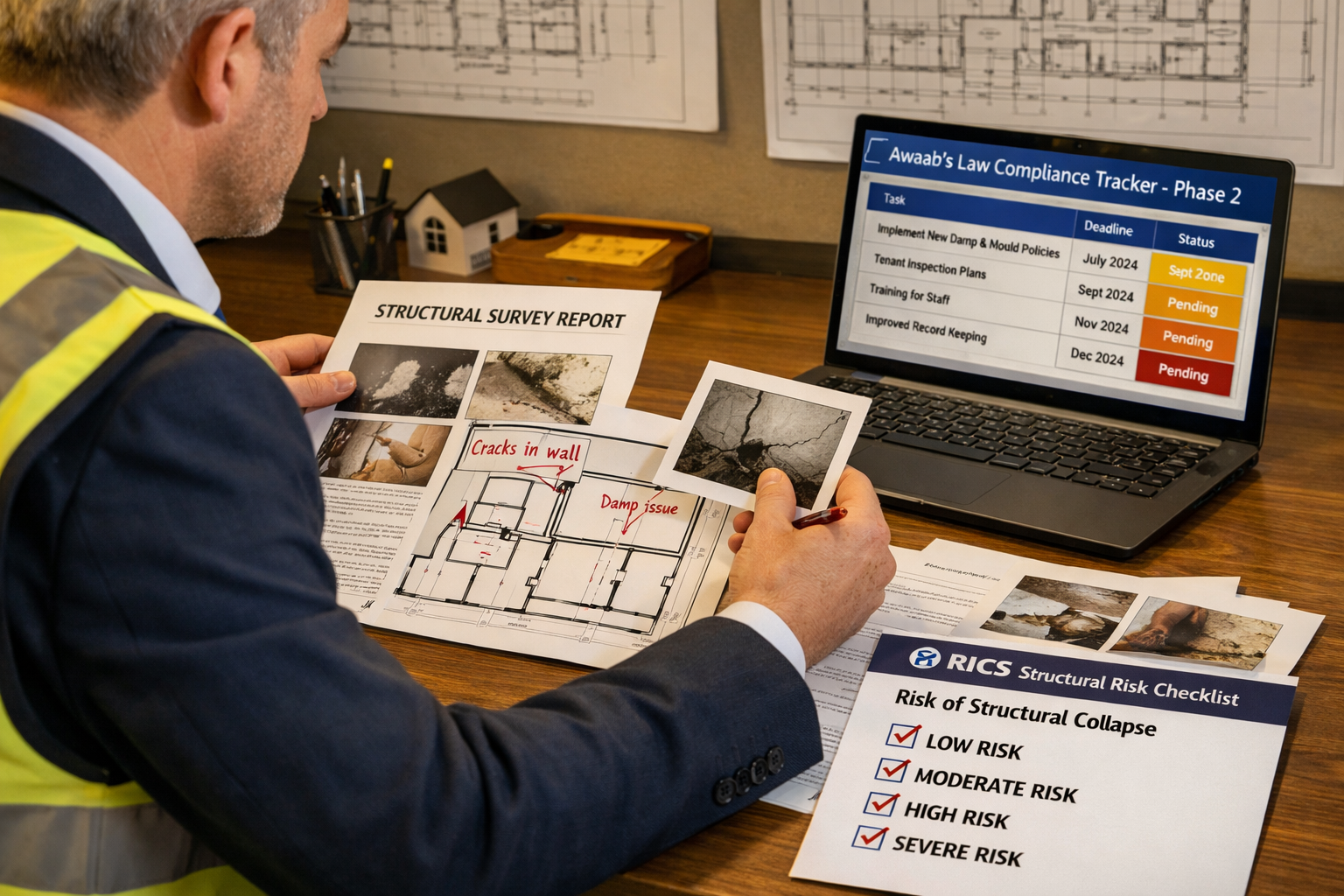 () showing a professional RICS chartered surveyor at a desk reviewing a detailed structural survey report with annotated