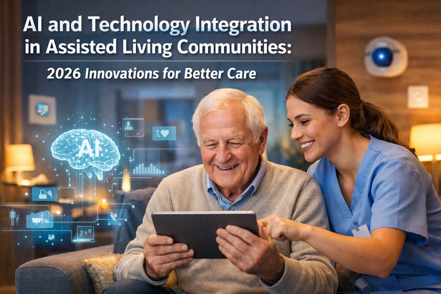 Professional landscape format (1536x1024) hero image featuring bold text overlay 'AI and Technology Integration in Assisted Living Communiti