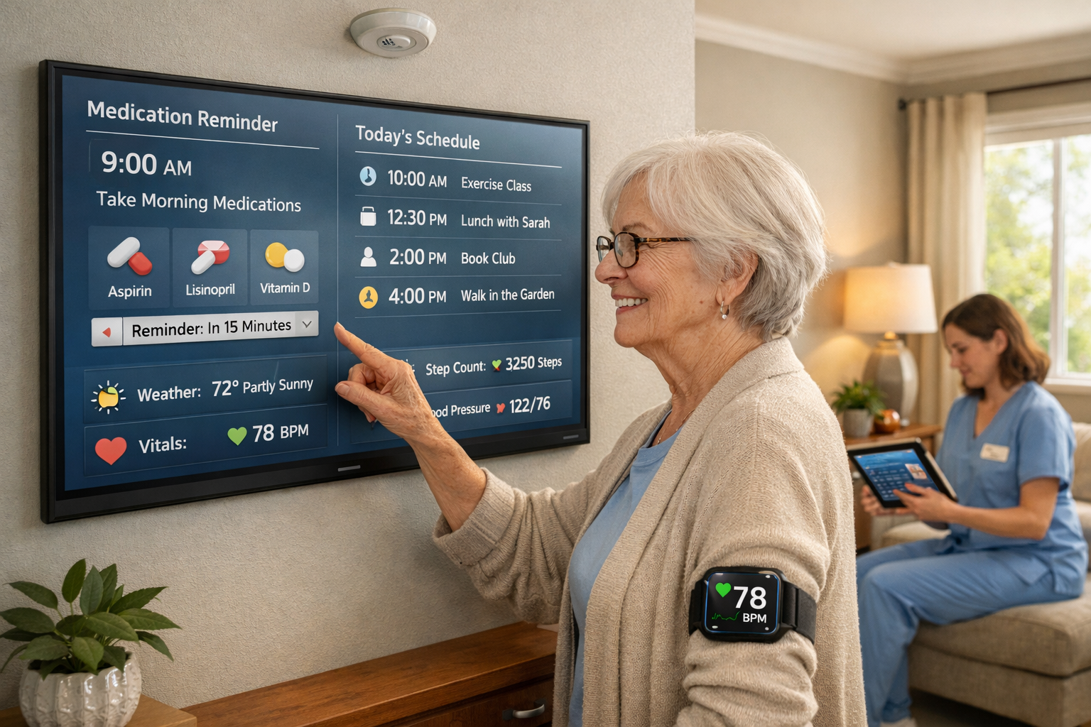 Landscape format (1536x1024) detailed image showing senior woman in comfortable assisted living apartment interacting with voice-activated s