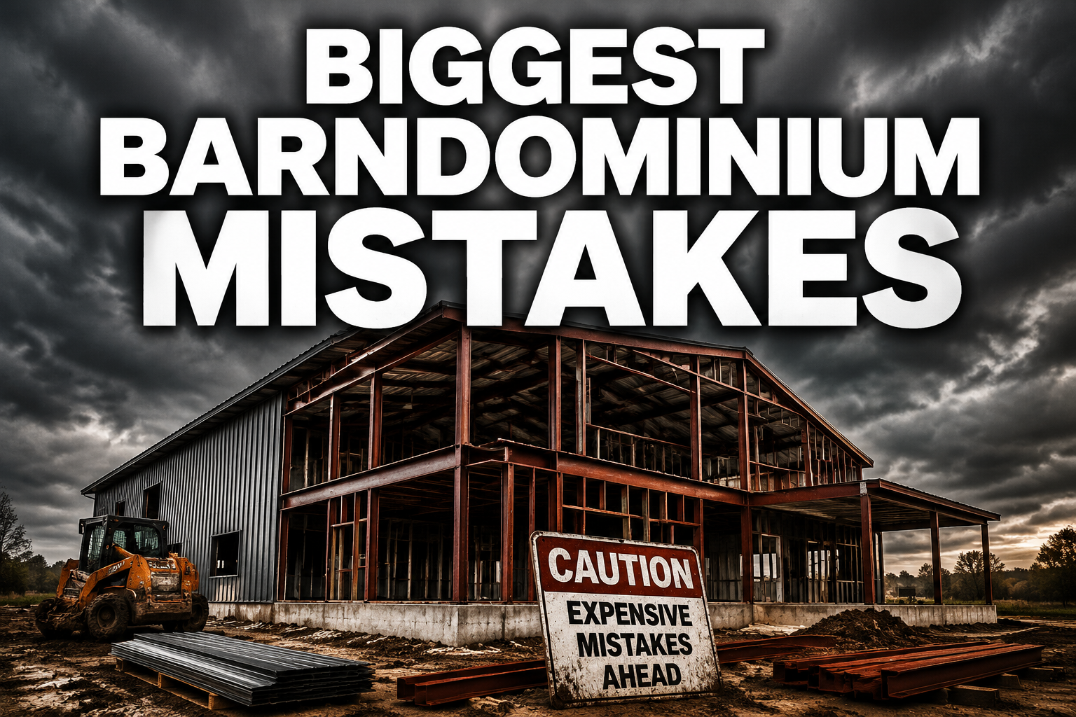 Professional () hero image with : 'Biggest Barndominium Mistakes' in extra large white with dark drop , centered in upper