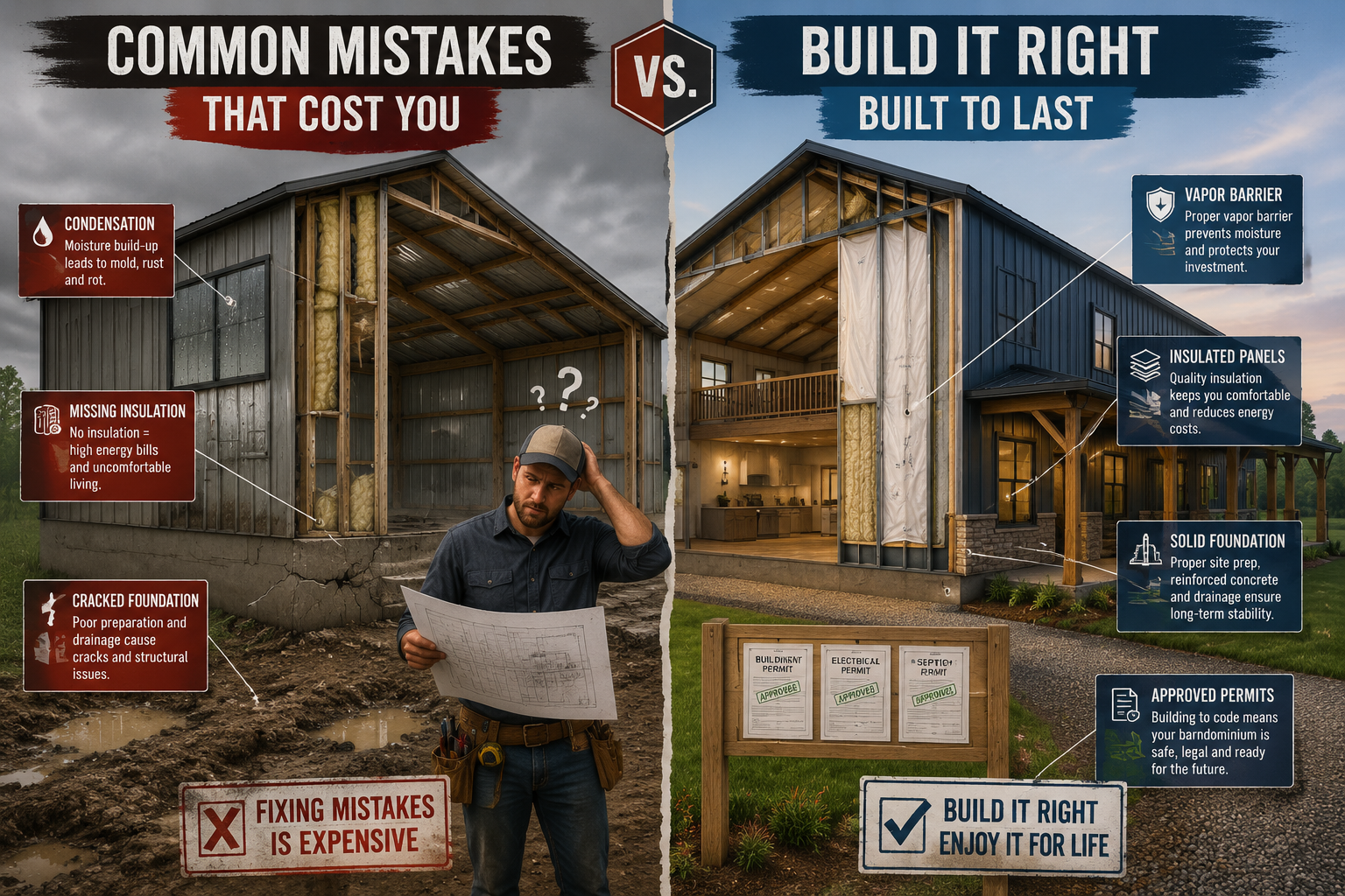 Detailed () editorial infographic-style illustration showing a split-scene barndominium construction site: left side depicts