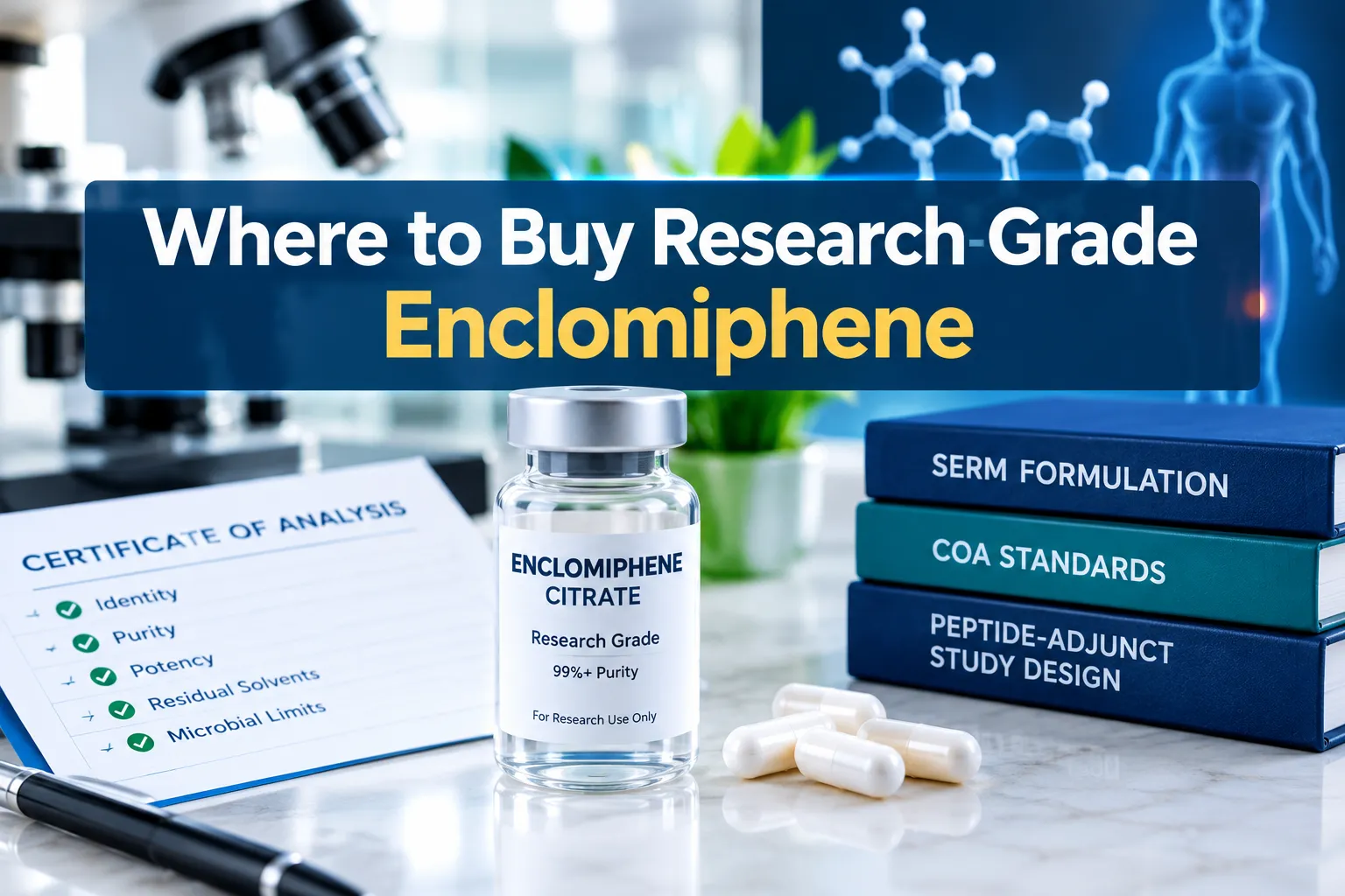 Professional landscape hero image () with a reading "Where to Buy Research-Grade Enclomiphene". CRITICAL TYPOGRAPHY RULES: