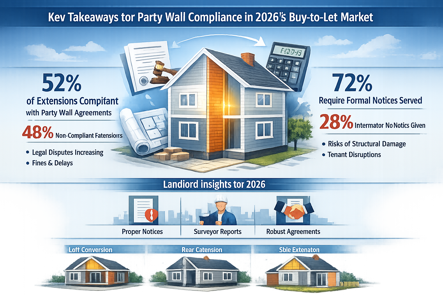 Infographic-style landscape image visualizing 'Key Takeaways' for Party Wall Compliance in 2026's Buy-to-Let market. Central
