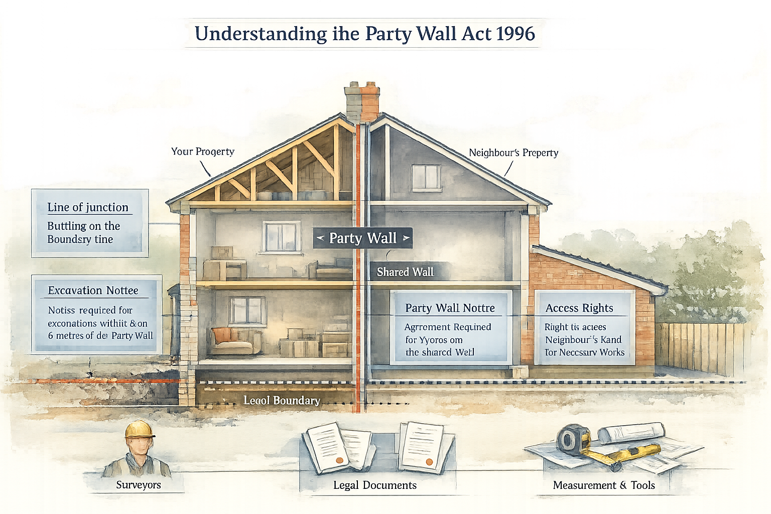 Technical architectural illustration depicting 'Understanding the Party Wall Act 1996' with cutaway view of semi-detached