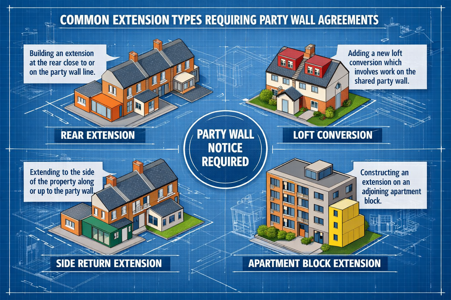 Comprehensive visual guide showcasing 'Common Extension Types Requiring Party Wall Agreements' with isometric 3D property