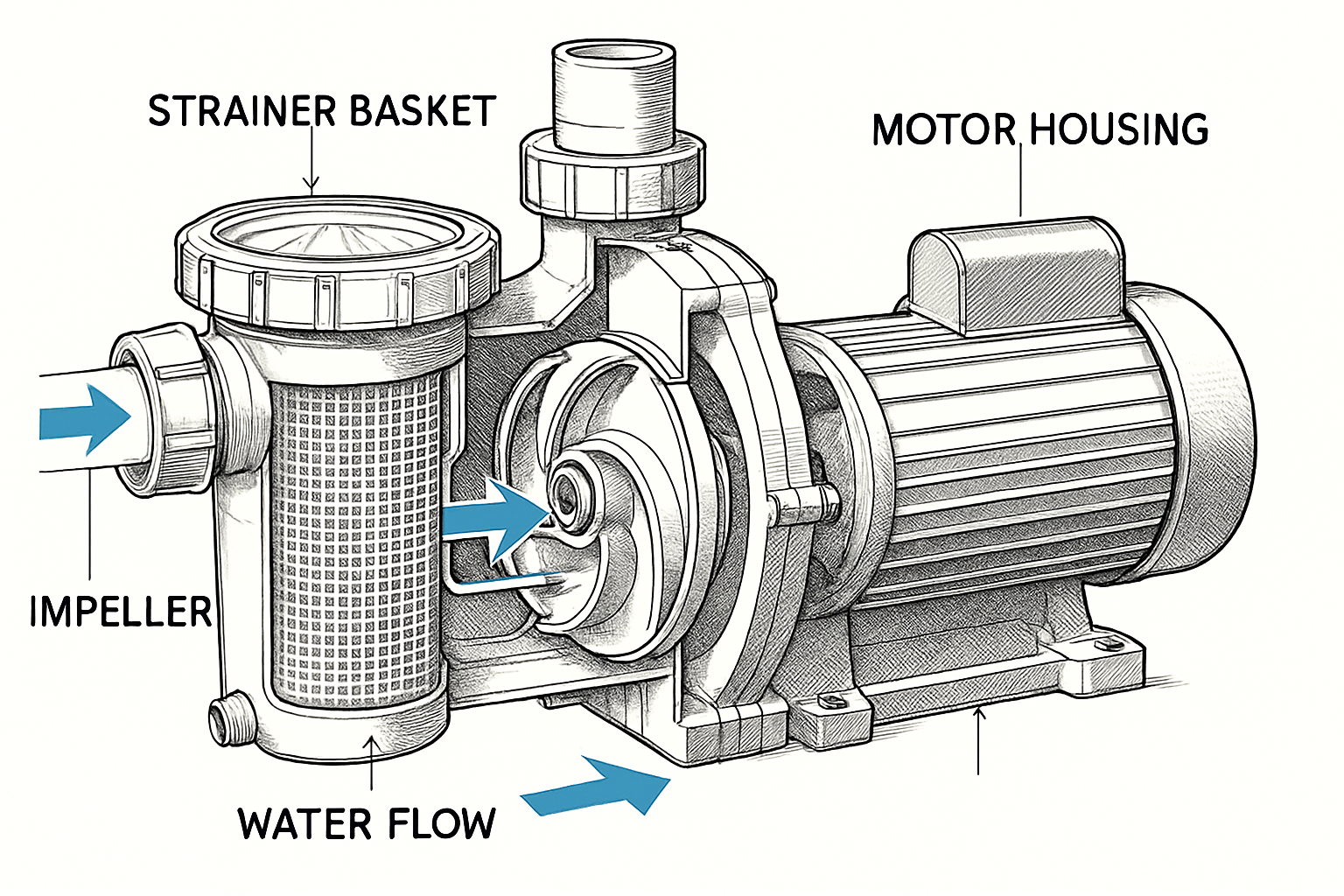 Detailed cutaway diagram of pool pump system showing impeller, motor housing, strainer basket, and water flow arrows in technical illustrati