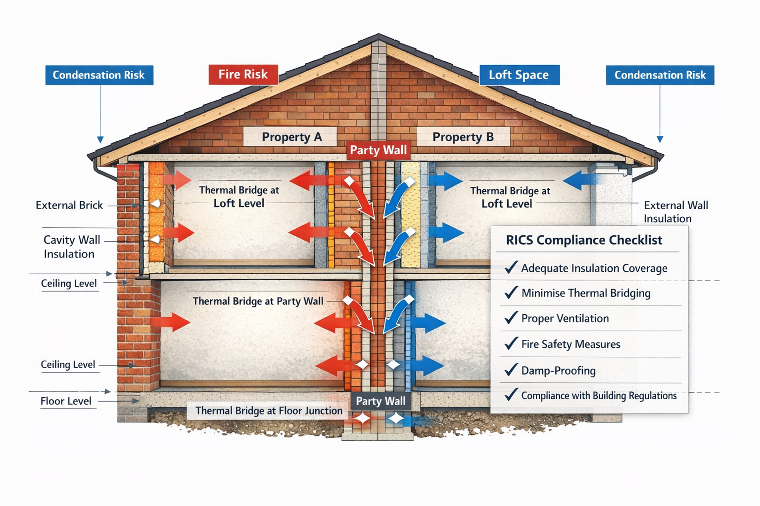 () detailed technical illustration showing party wall cross-section between two PRS properties with annotated thermal