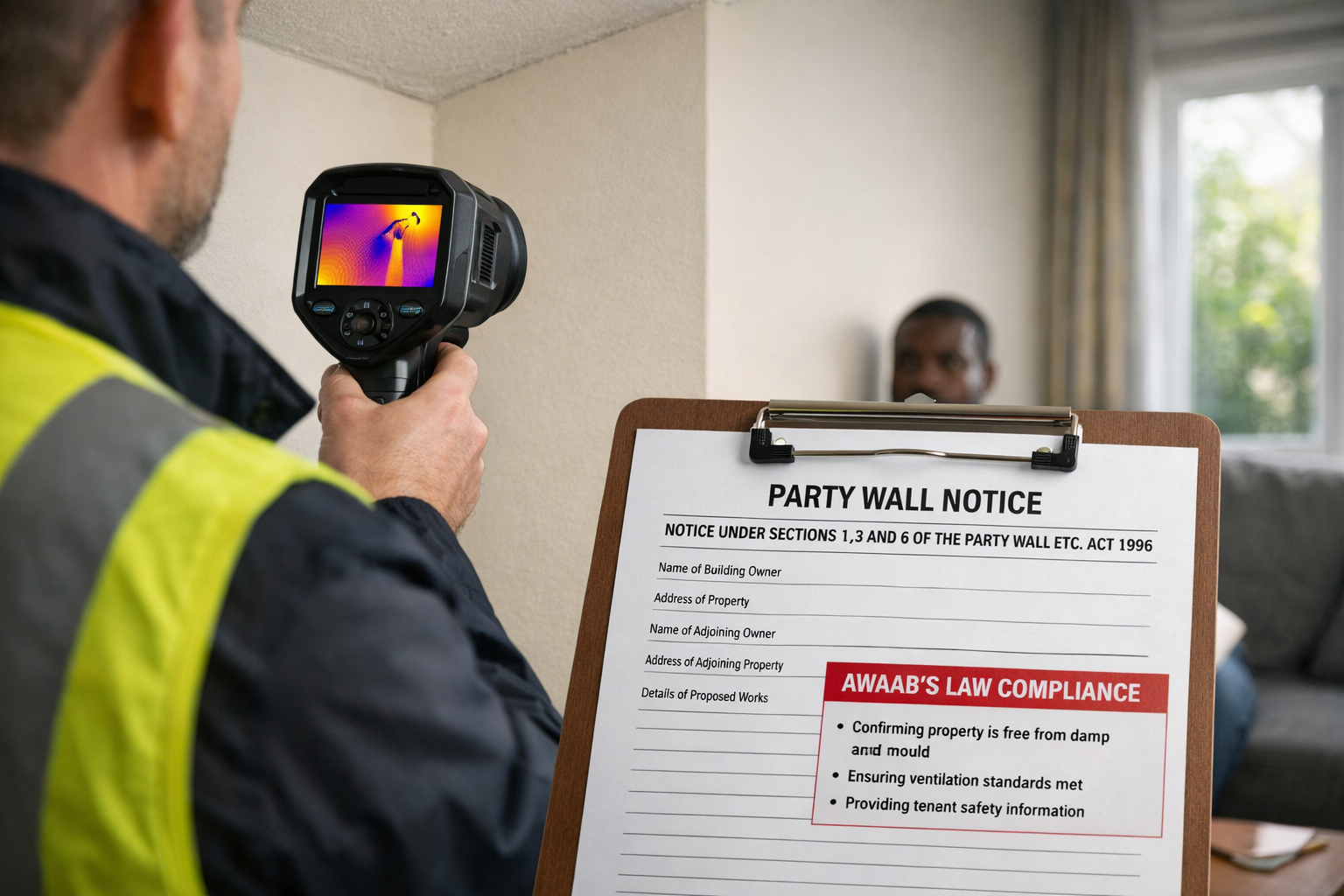 () professional photograph of surveyor conducting party wall inspection in occupied rental property, using thermal imaging