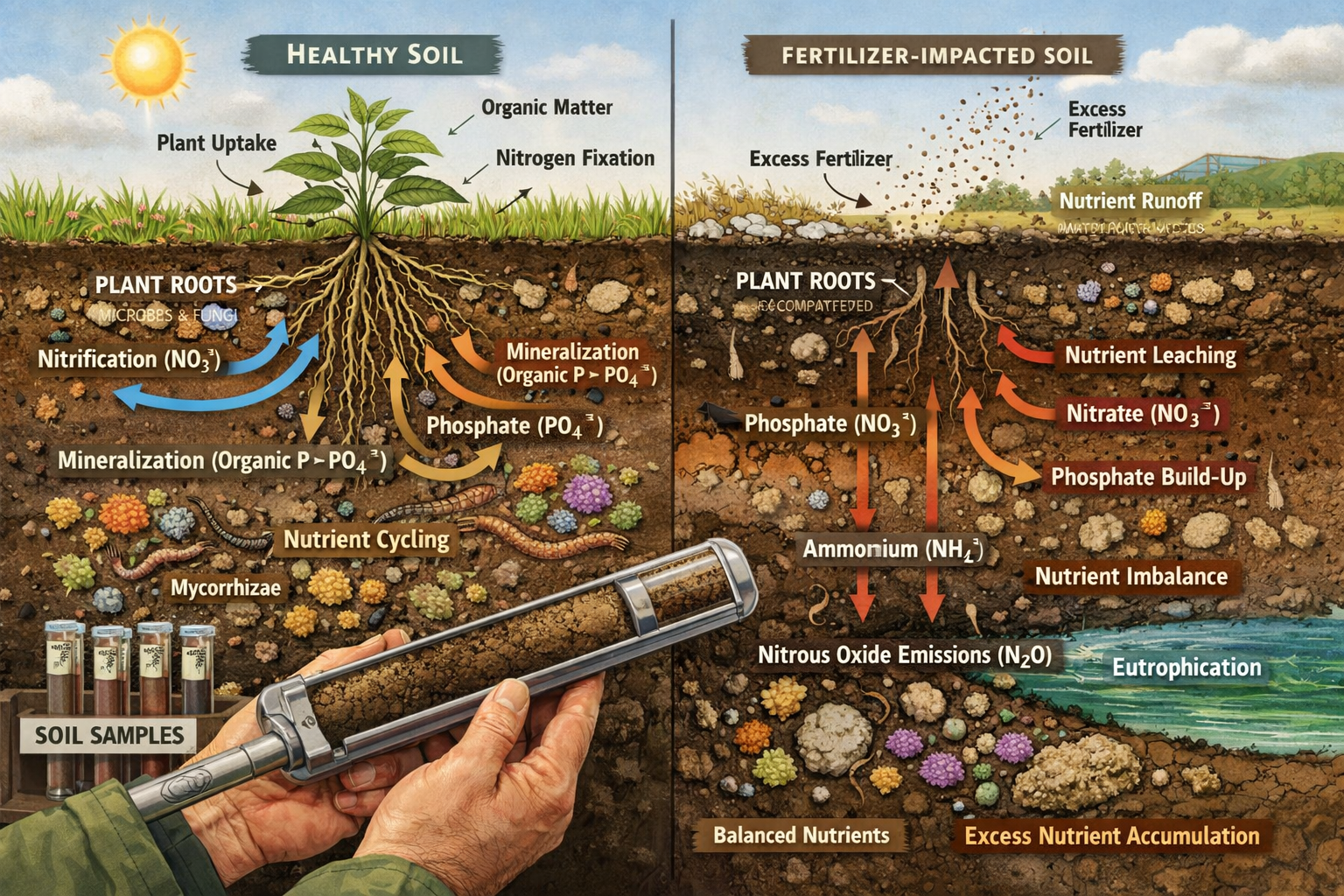 () detailed illustration showing cross-section of soil layers with nutrient cycling pathways, phosphorus and nitrogen