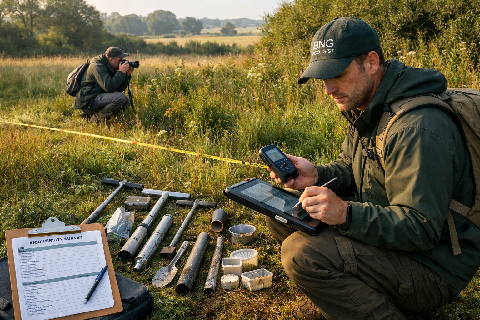 () scene showing BNG ecologist conducting field assessment in terrestrial habitat, using handheld GPS device and data