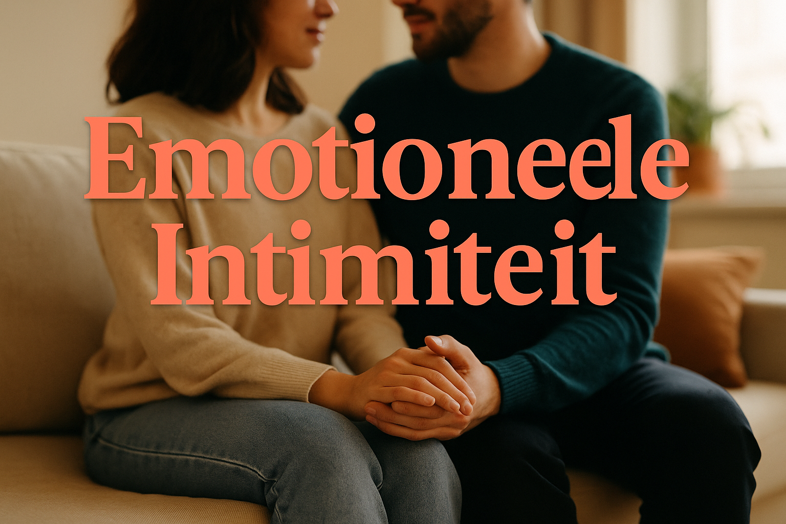 Professional landscape hero image (1536x1024) featuring bold text overlay "Emotionele Intimiteit" in extra large 72pt warm coral sans-serif 