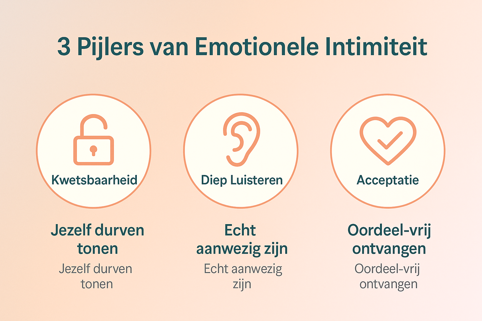 Professional landscape infographic (1536x1024) for section "Wat is Emotionele Intimiteit Precies?". Type: Conceptual Diagram. Soft gradient 