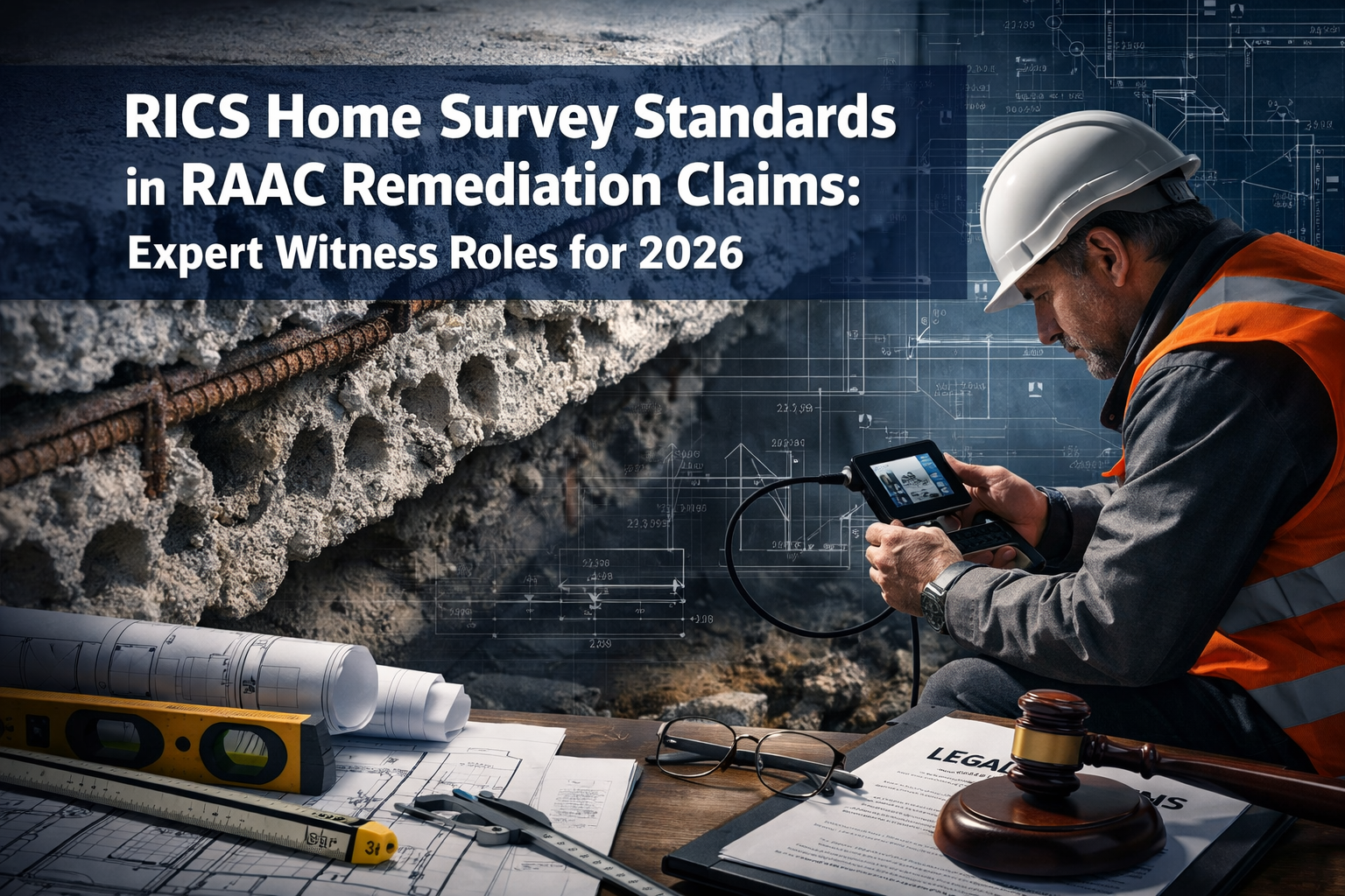 Professional () hero image featuring 'RICS Home Survey Standards in RAAC Remediation Claims: Expert Witness Roles for 2026'