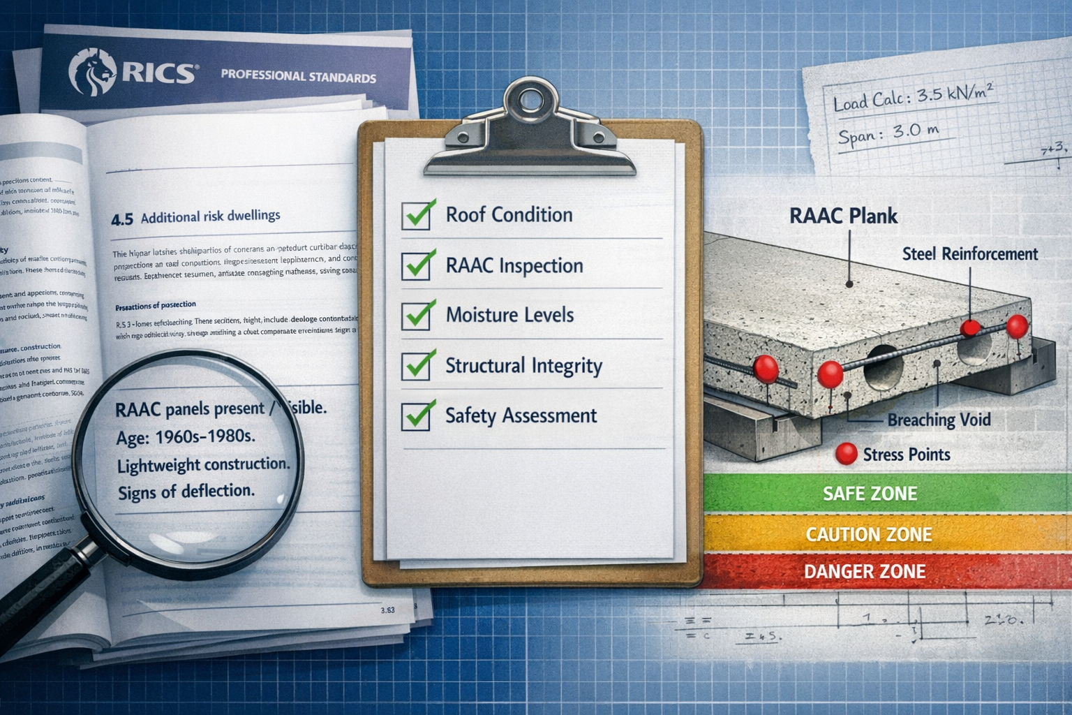 Detailed () image showing split-screen composition: left side displays RICS professional standards documentation with
