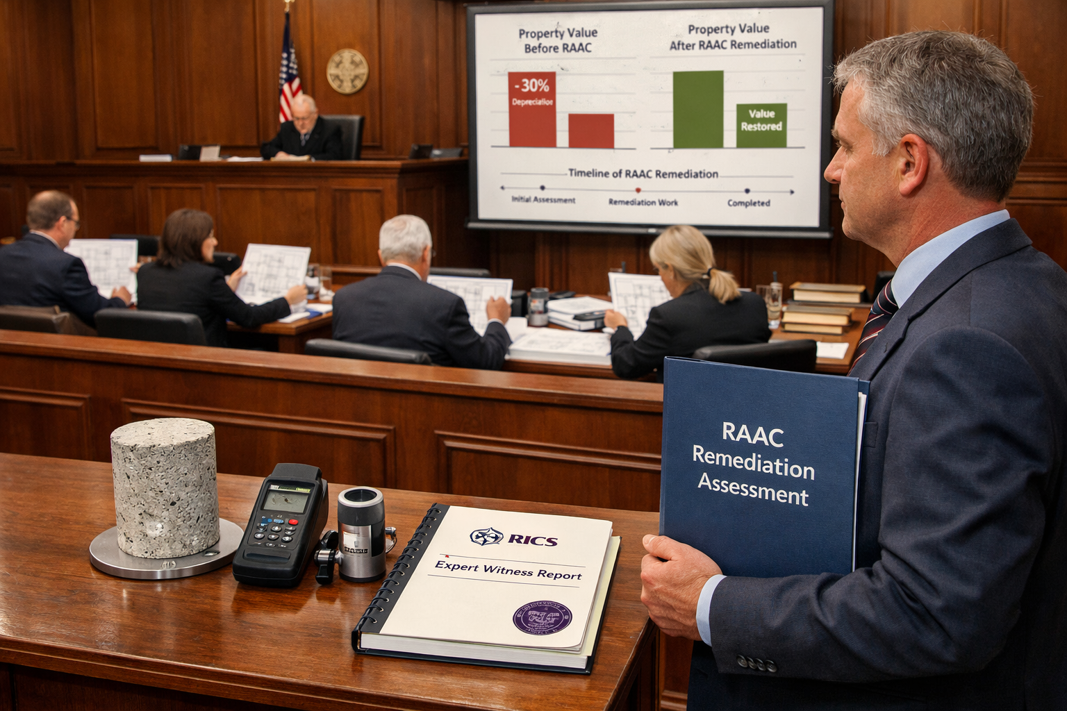 Detailed () image depicting courtroom or tribunal setting from elevated angle showing expert witness stand in foreground