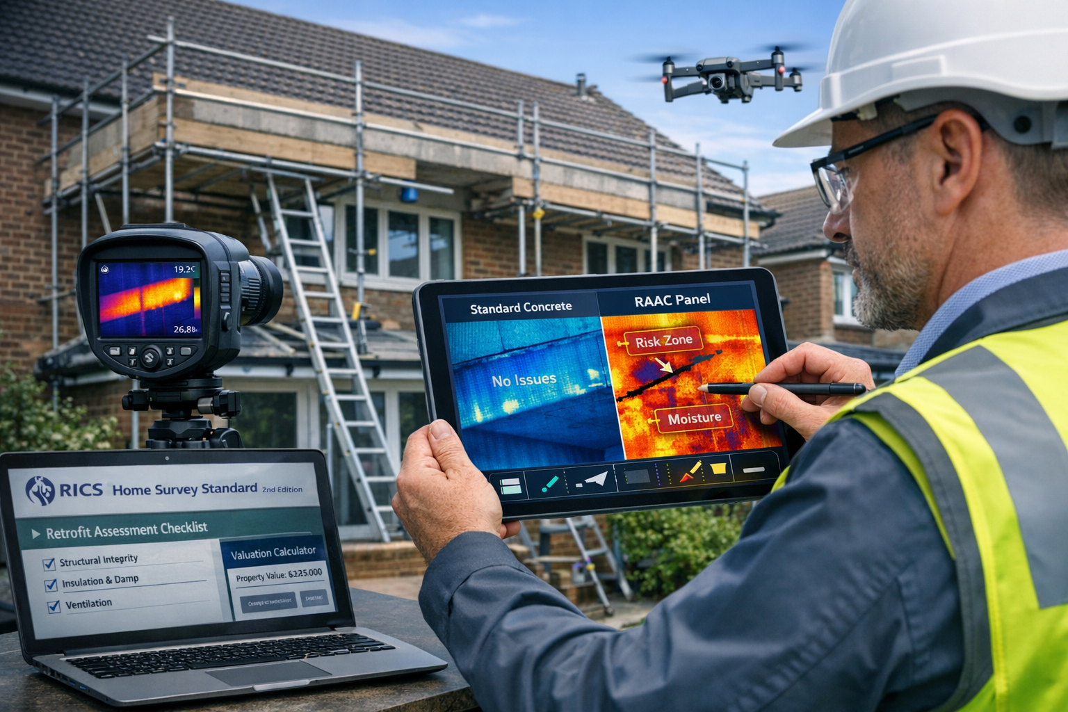 Detailed () image showing modern surveyor conducting RAAC inspection using advanced technology: professional with tablet