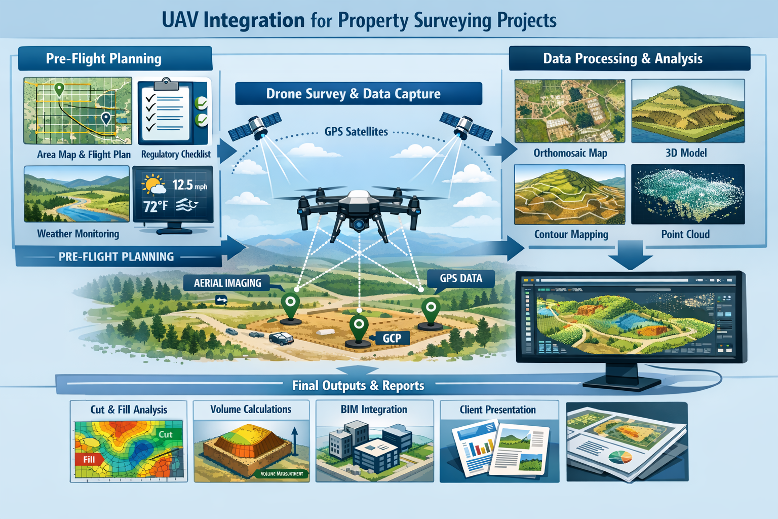 Landscape format (1536x1024) comprehensive workflow diagram illustration showing step-by-step UAV integration process for property surveying
