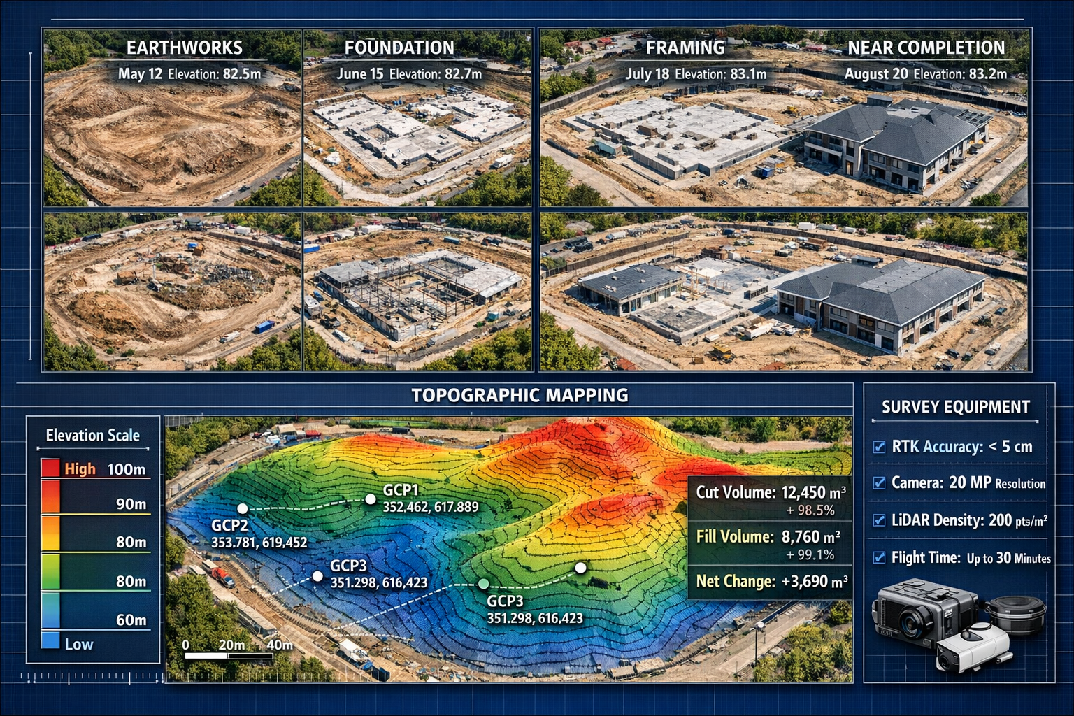 Landscape format (1536x1024) split-screen comparative analysis showing real-world large-scale project applications of drone surveying techno