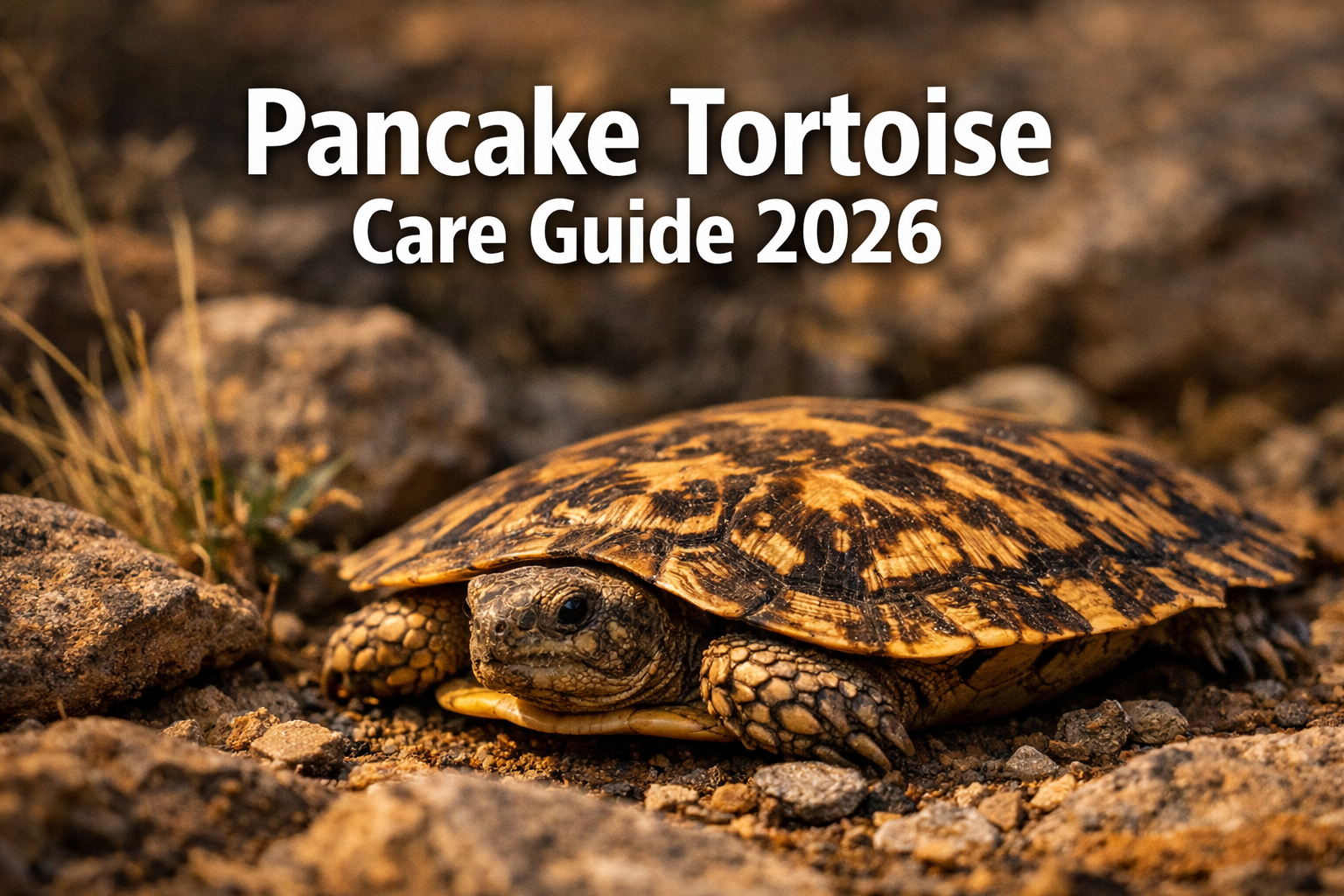 Professional landscape hero image (1536x1024) featuring bold text overlay 'Pancake Tortoise Care Guide 2026' in extra large 72pt white sans-