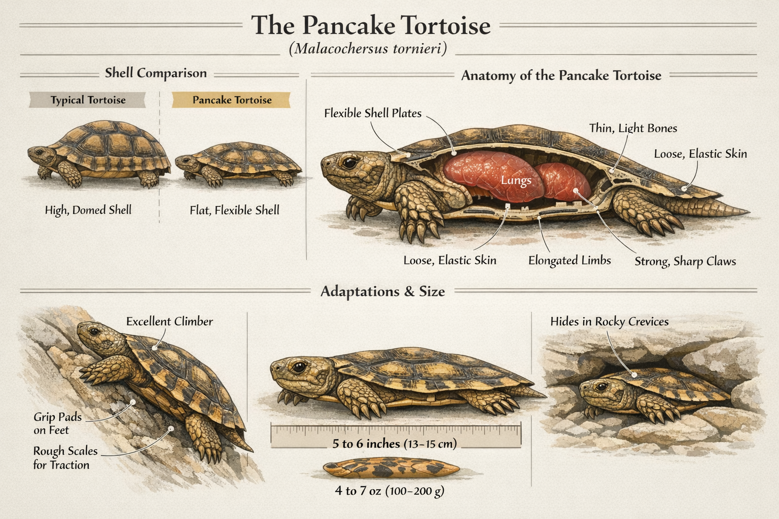 Detailed educational infographic showing pancake tortoise anatomy and characteristics in landscape format. Split-screen comparison showing n