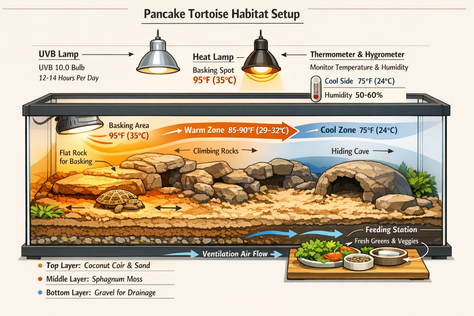 Comprehensive habitat setup diagram showing proper pancake tortoise enclosure design in cutaway view. Indoor terrarium setup with rocky clim