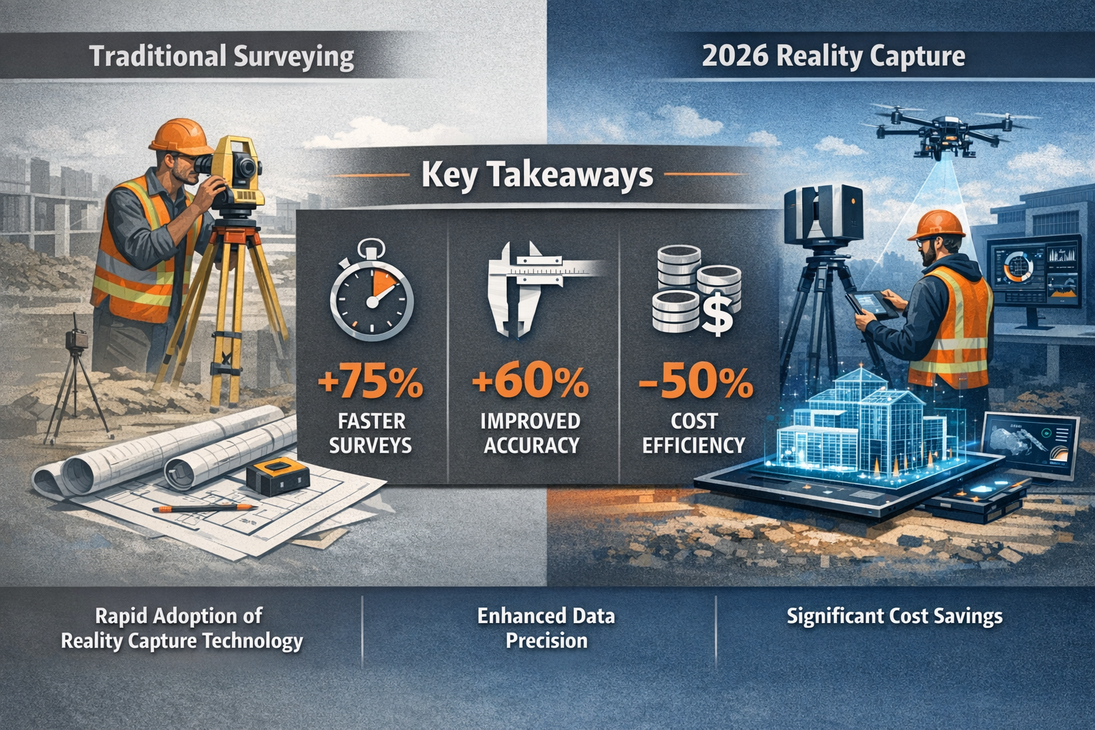 Key Takeaways section infographic: Split-screen visualization comparing traditional surveying methods versus 2026 reality capture technology