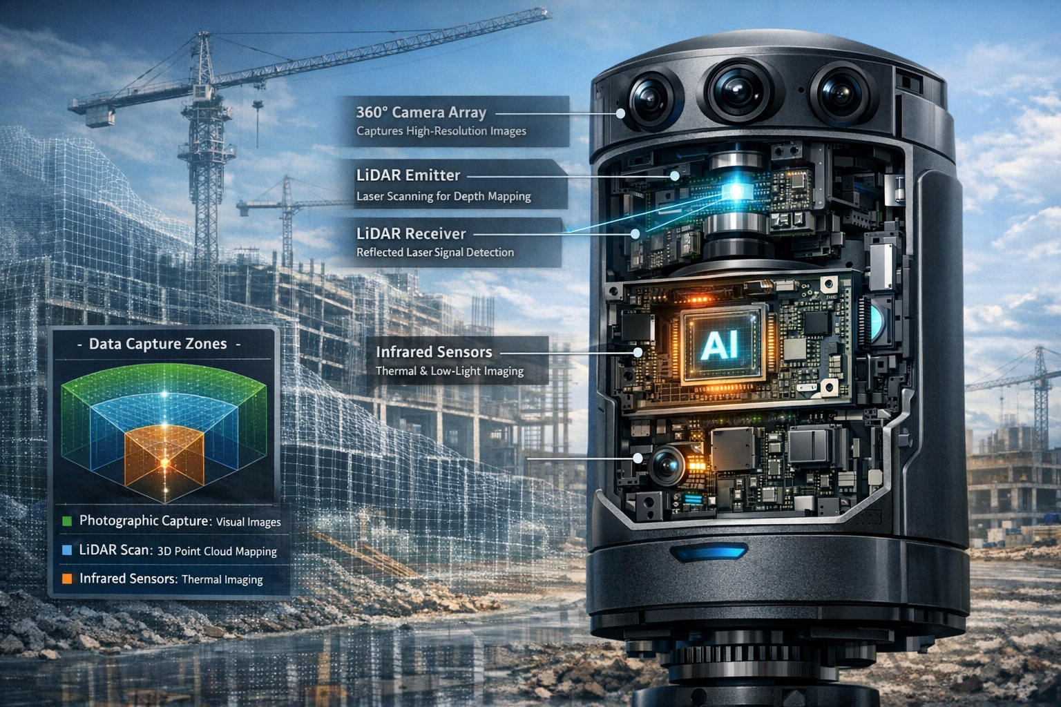 Understanding Reality Capture Technology section: Cutaway technical illustration showing internal components of a modern reality capture dev