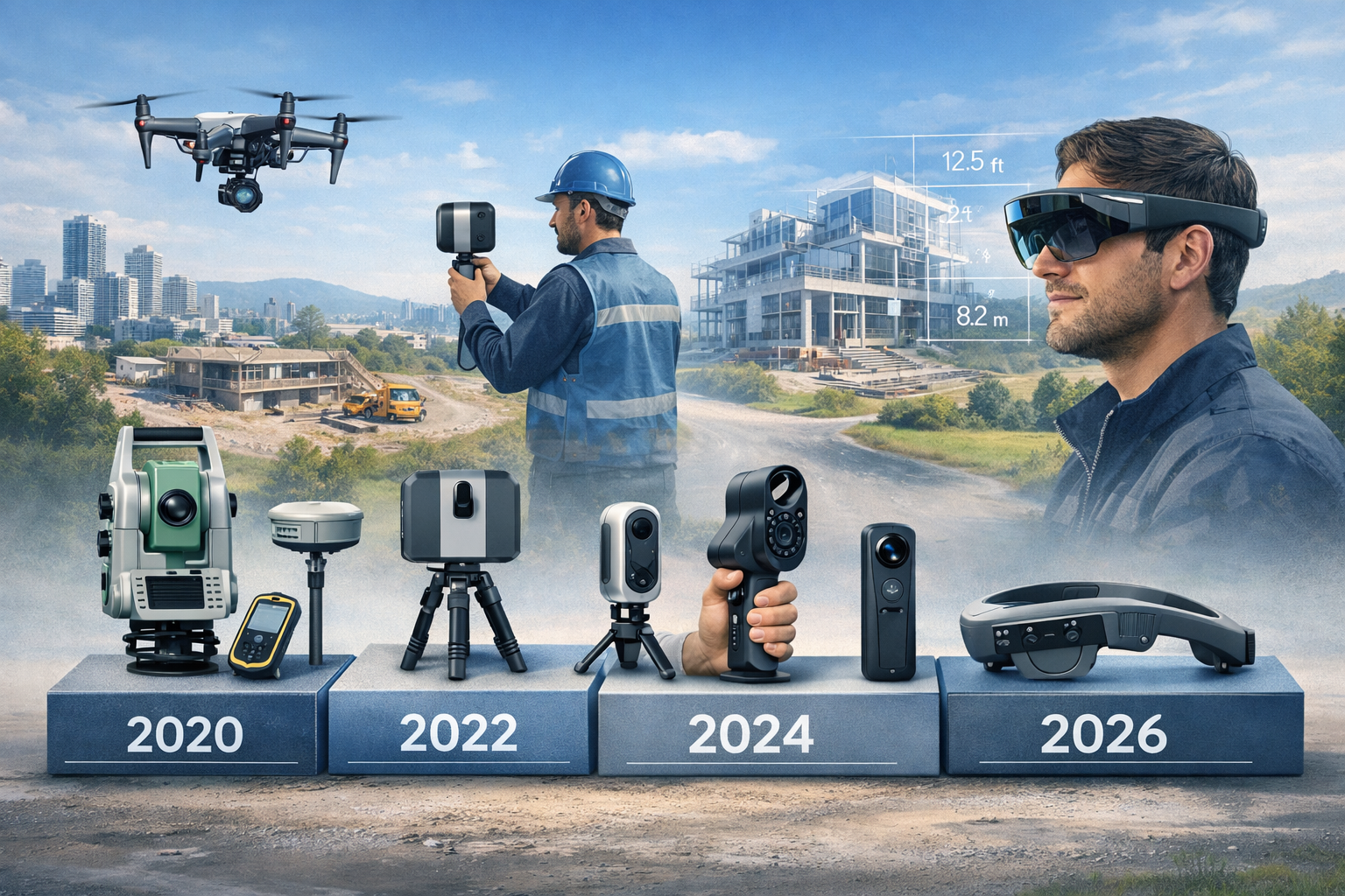 Accessible Tools Transforming Property Surveys section: Panoramic landscape showing multiple surveying scenarios - drone capturing aerial si