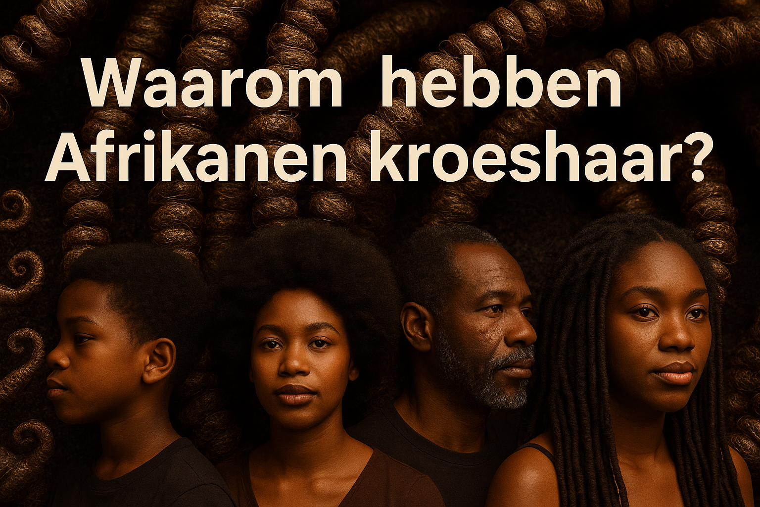 Waarom hebben Afrikanen kroeshaar? Een Wetenschappelijke en Culturele Verkenning 1 Professional landscape hero image (1536x1024) featuring bold text overlay 'Waarom hebben Afrikanen kroeshaar?' in extra large 72pt white san