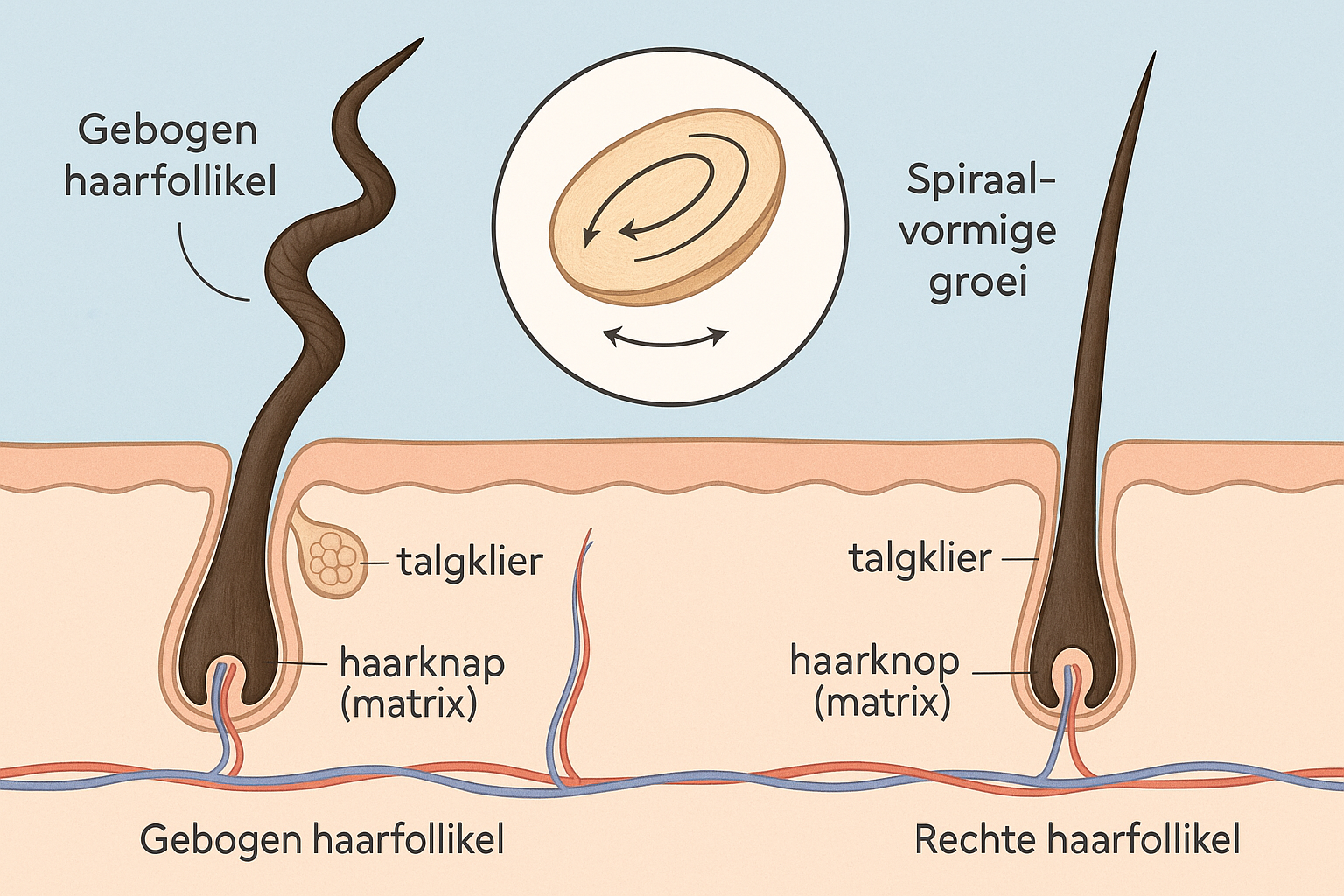 Waarom hebben Afrikanen kroeshaar? Een Wetenschappelijke en Culturele Verkenning 2 Detailed scientific illustration showing cross-sectional comparison of different hair follicle shapes in landscape format (1536x1024). Left