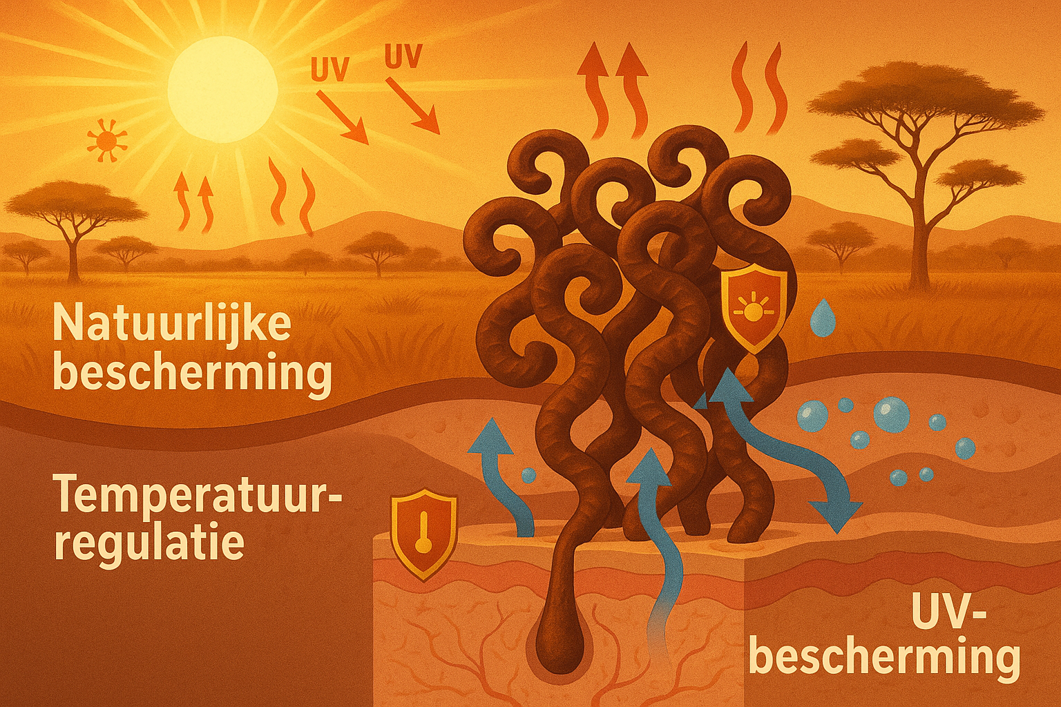 Waarom hebben Afrikanen kroeshaar? Een Wetenschappelijke en Culturele Verkenning 3 Landscape infographic (1536x1024) illustrating evolutionary adaptation of kroeshaar in African climate. Split composition: top half shows Af