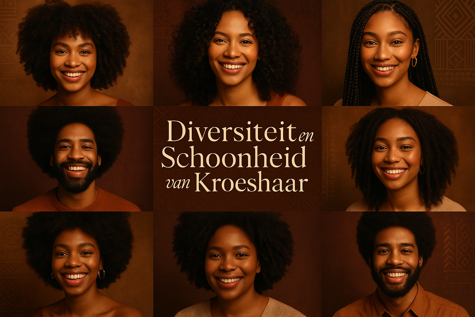 Waarom hebben Afrikanen kroeshaar? Een Wetenschappelijke en Culturele Verkenning 4 Beautiful celebratory collage in landscape format (1536x1024) showcasing diversity of African hair textures and styles. Grid layout featurin