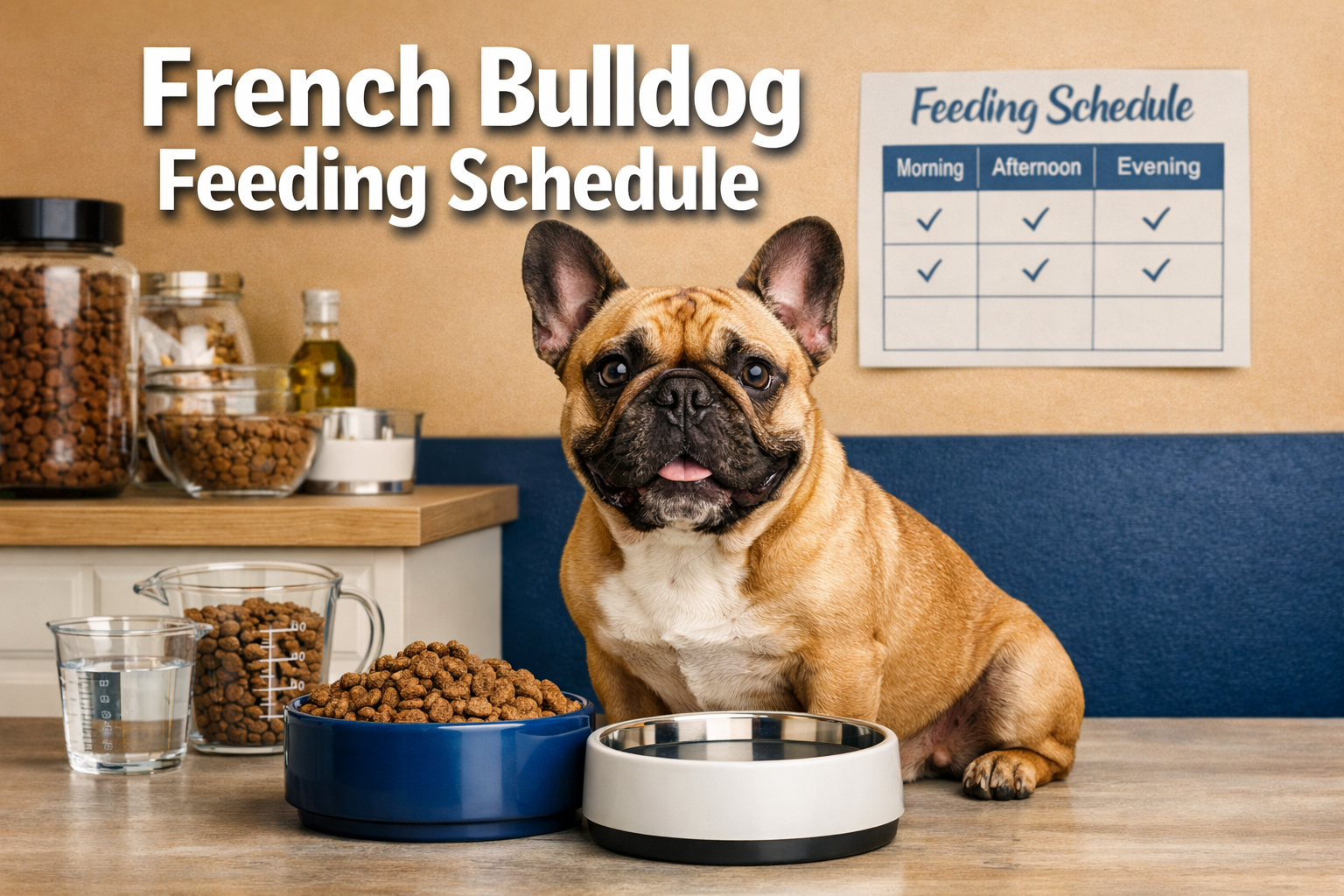 Professional landscape format (1536x1024) hero image featuring a French Bulldog sitting next to food bowls with bold text overlay 'French Bu