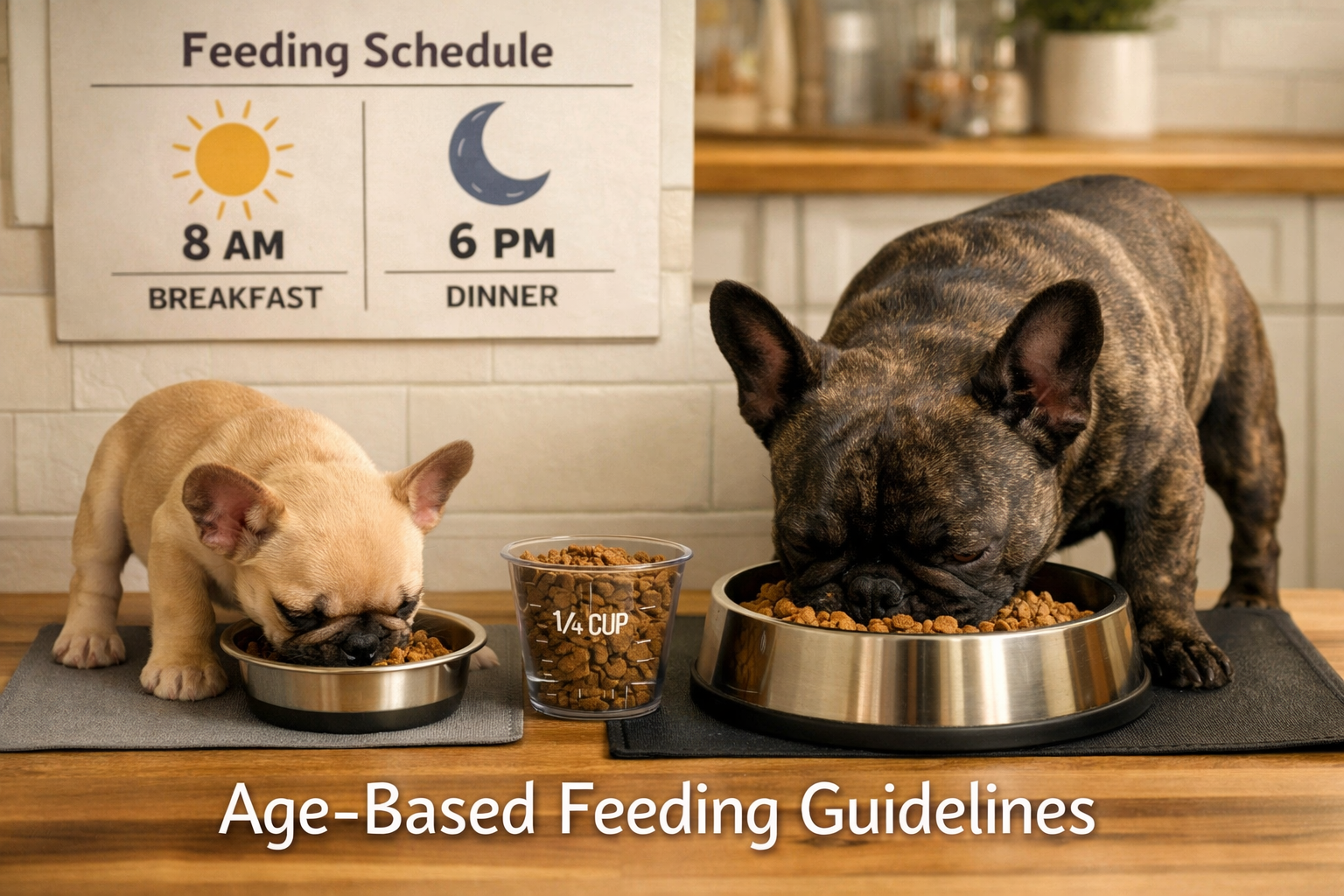 Detailed landscape format (1536x1024) image showing a French Bulldog puppy eating from a small bowl next to an adult French Bulldog with a l