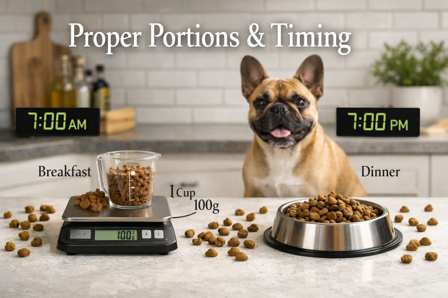 Detailed landscape format (1536x1024) image displaying a French Bulldog's daily feeding routine with two stainless steel bowls positioned 12