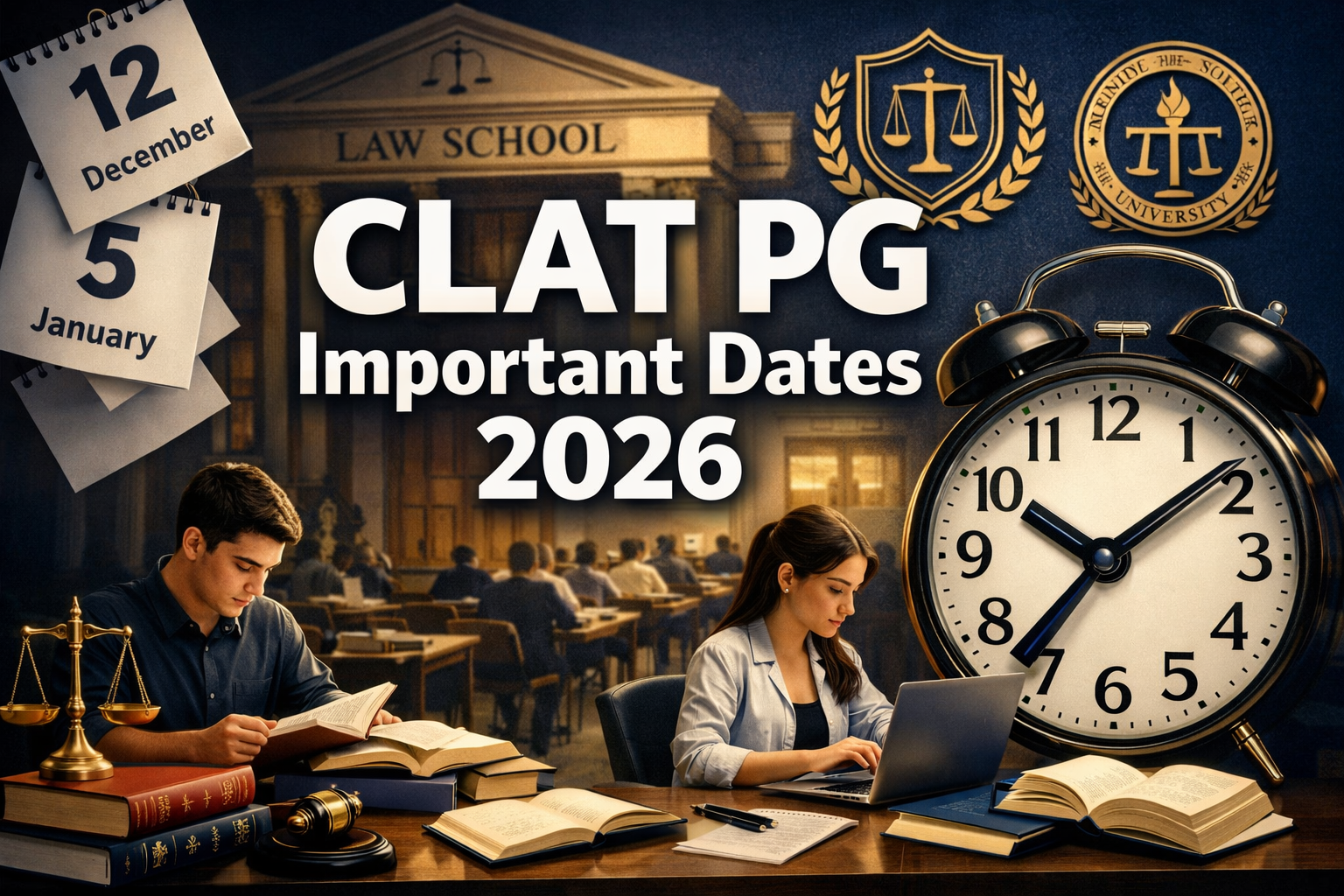 Professional landscape editorial hero image (1536x1024) featuring bold prominent text overlay 'CLAT PG Important Dates 2026' in extra large