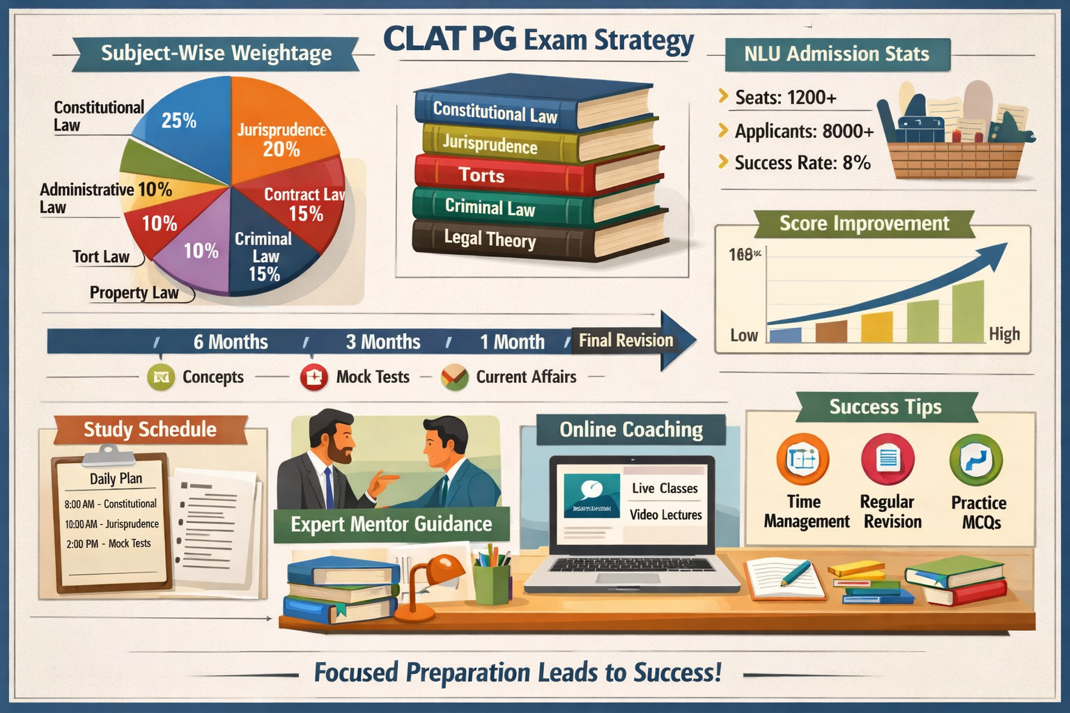 Comprehensive visual breakdown of CLAT PG exam pattern and preparation strategy showing subject-wise weightage pie chart for Constitutional