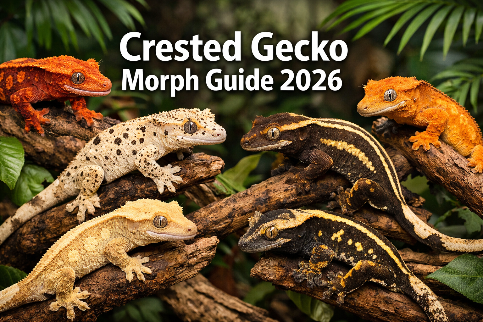 Professional landscape format (1536x1024) hero image featuring bold text overlay 'Crested Gecko Morph Guide 2026' in extra large 72pt white