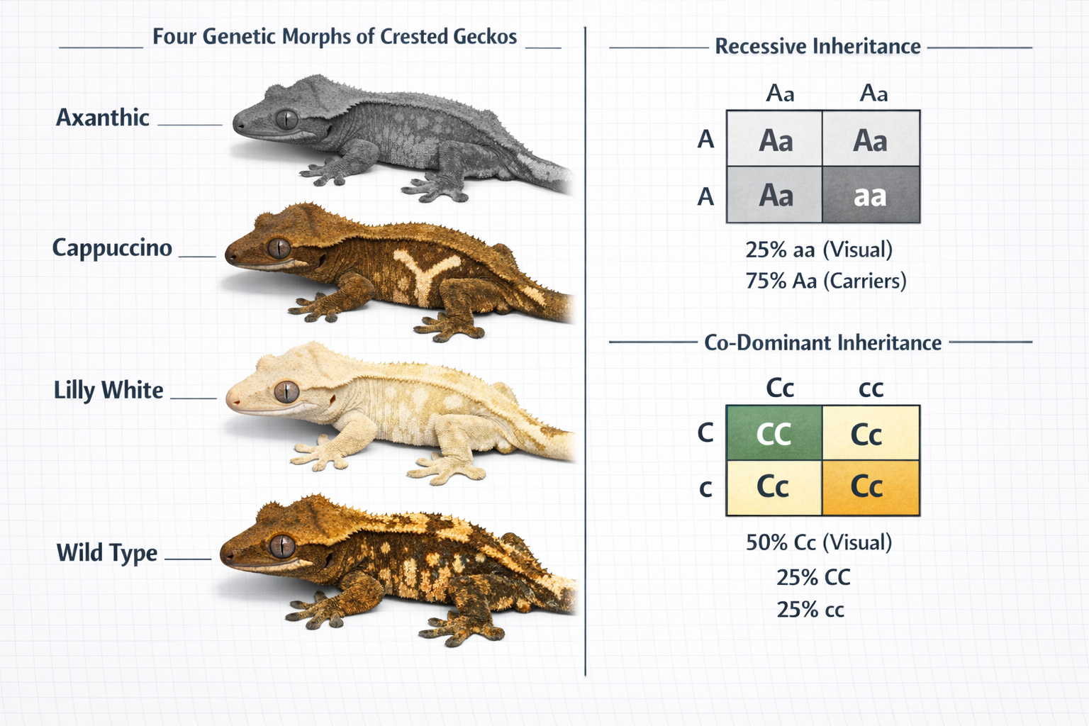 Landscape format (1536x1024) educational infographic showing the four confirmed genetic morphs of crested geckos with side-by-side compariso