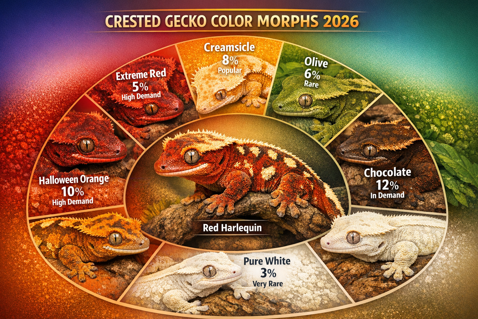 Landscape format (1536x1024) vibrant color wheel chart specifically designed for crested gecko morphs showing the spectrum of available colo