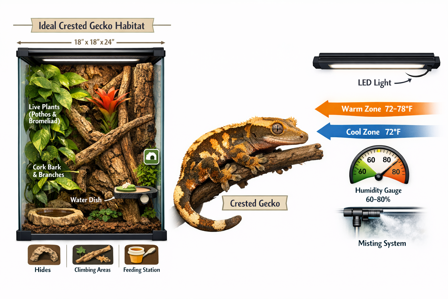 Landscape format (1536x1024) modern terrarium habitat setup guide specifically for crested geckos featuring a cutaway view of an ideal 18x18