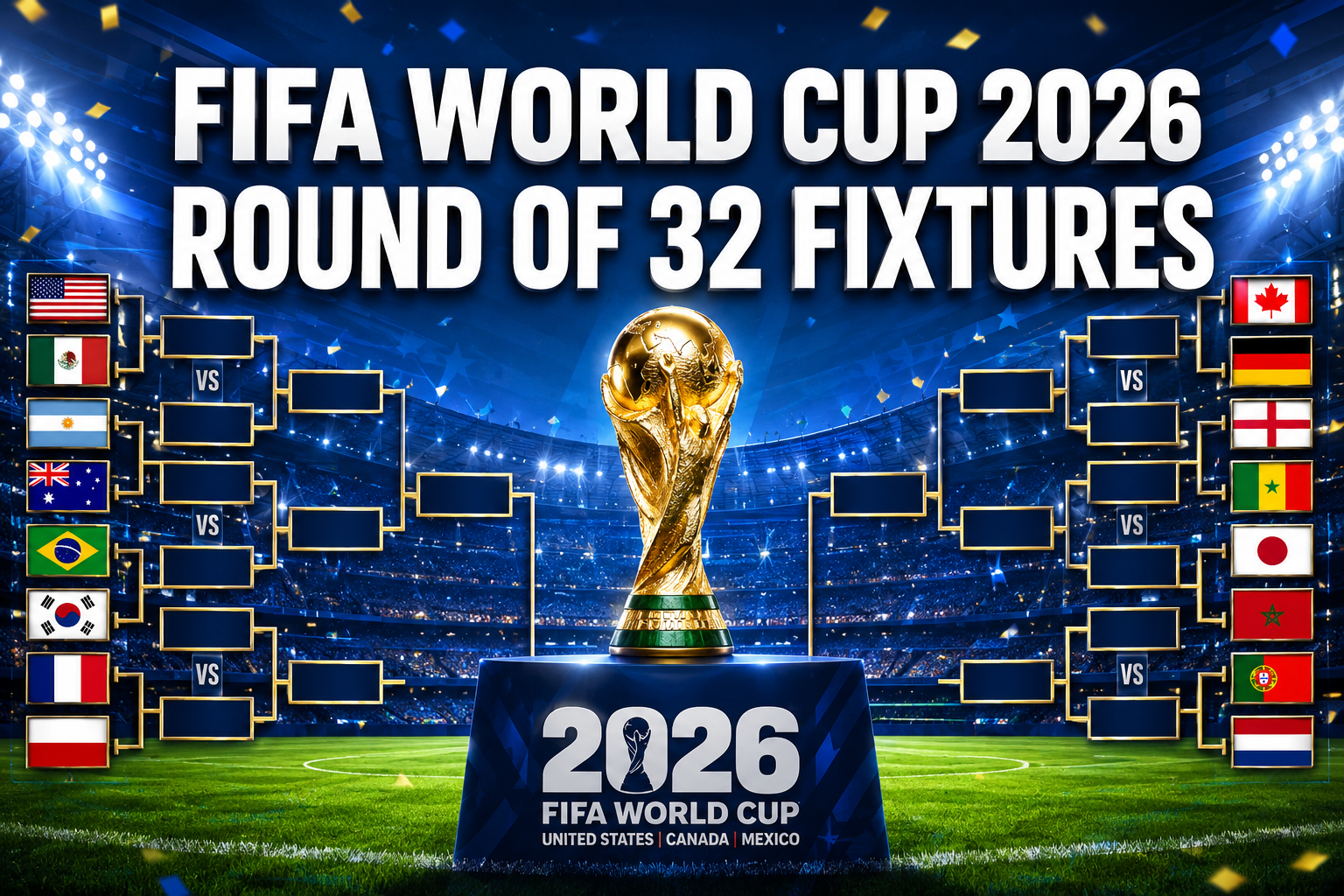 Professional () hero image featuring 'FIFA World Cup 2026 Round of 32 Fixtures' in extra large white with dark , centered in